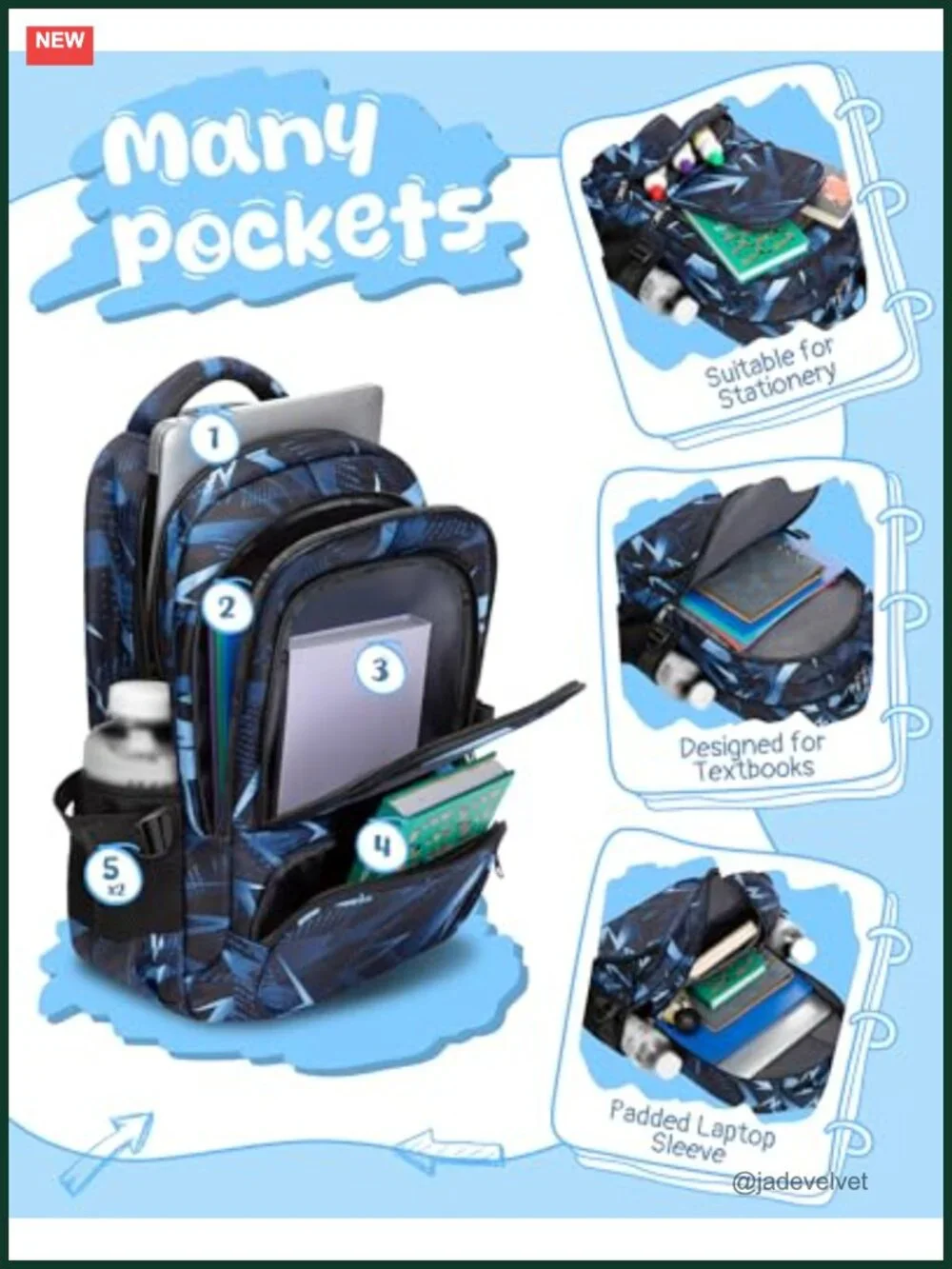 Kids School Backpack with Laptop Compartment Geometric Pattern Water-Resistant